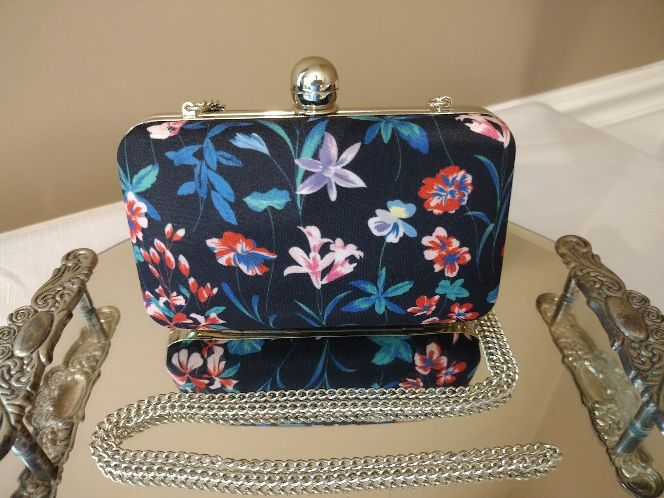 Black & Floral Hard Case Clutch / Purse with Chain Strap - Talbots (Retired)
