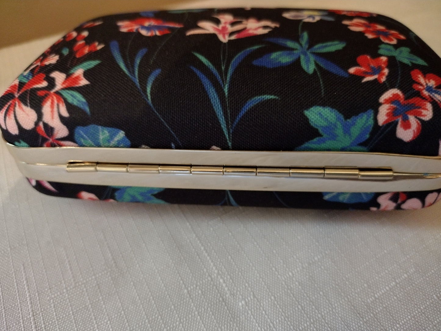 Black & Floral Hard Case Clutch / Purse with Chain Strap - Talbots (Retired)
