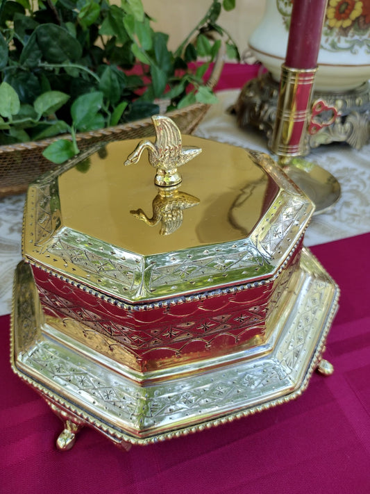 Brass Trinket Box Ornamented with Swan Finial