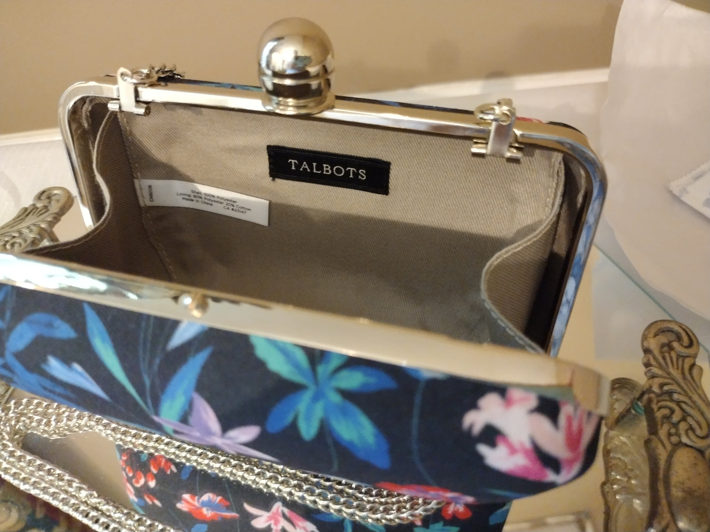 Black & Floral Hard Case Clutch / Purse with Chain Strap - Talbots (Retired)