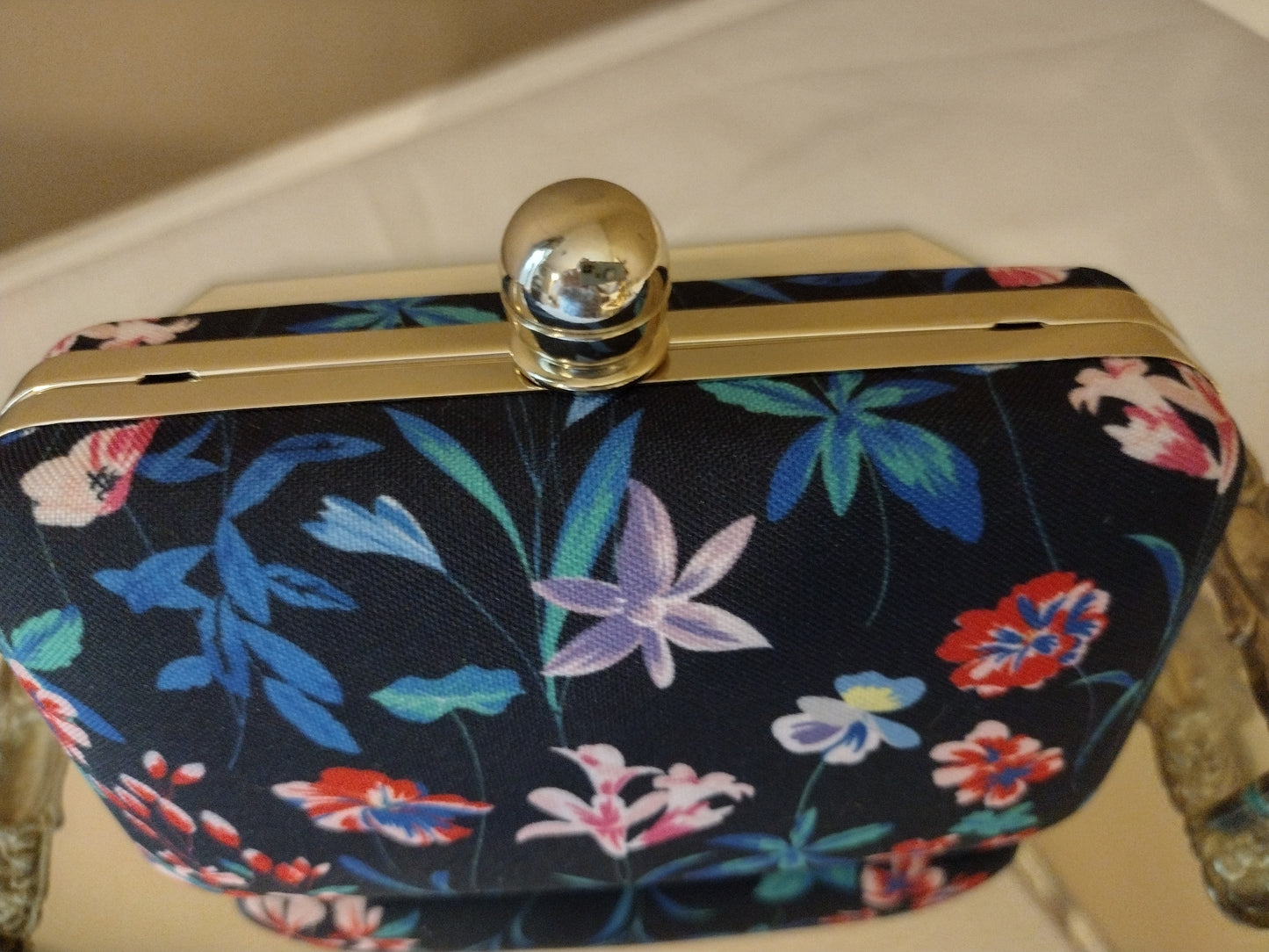 Black & Floral Hard Case Clutch / Purse with Chain Strap - Talbots (Retired)