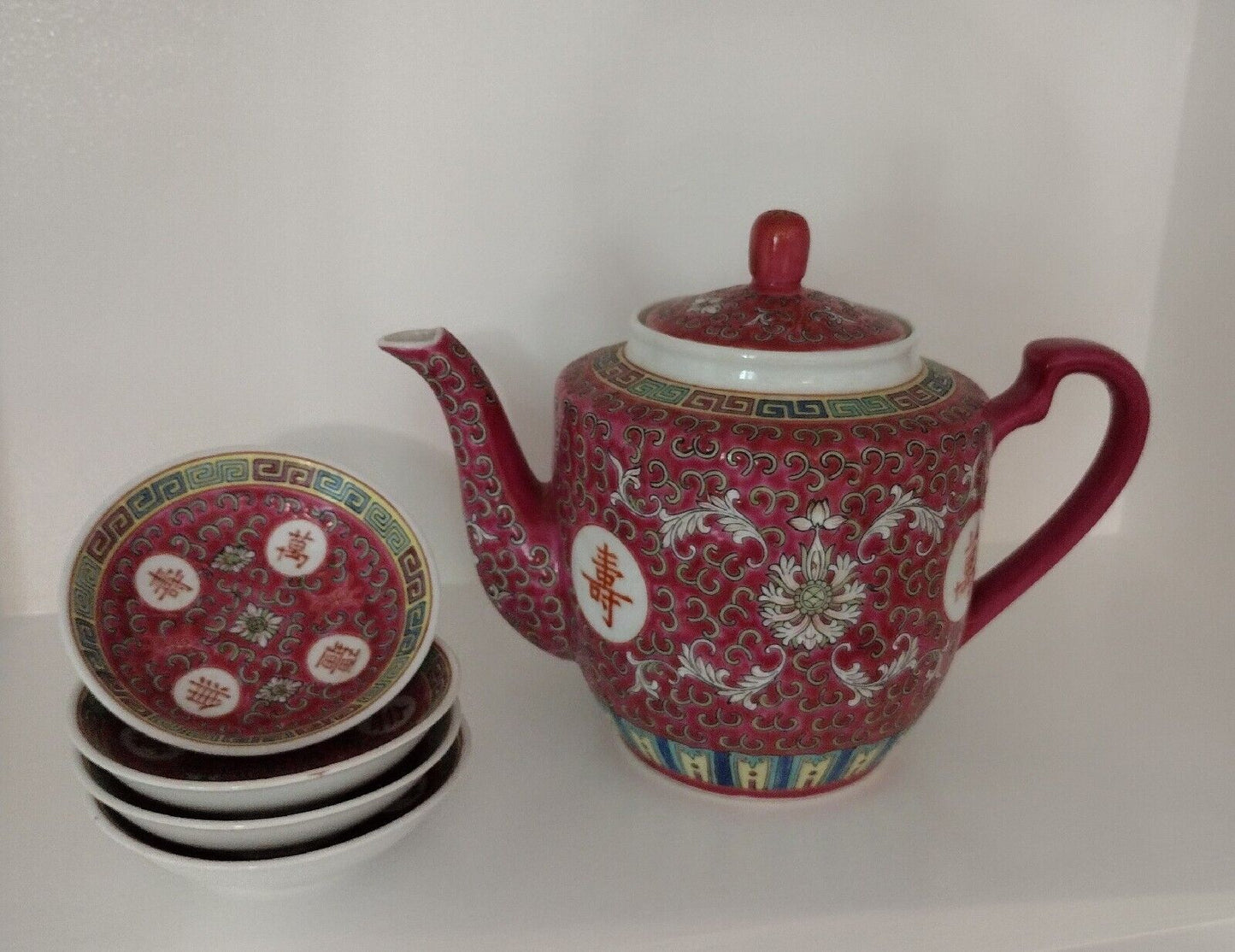 Famille Rose Mun Shou Chinese Teapot + 4 Tea Caddys